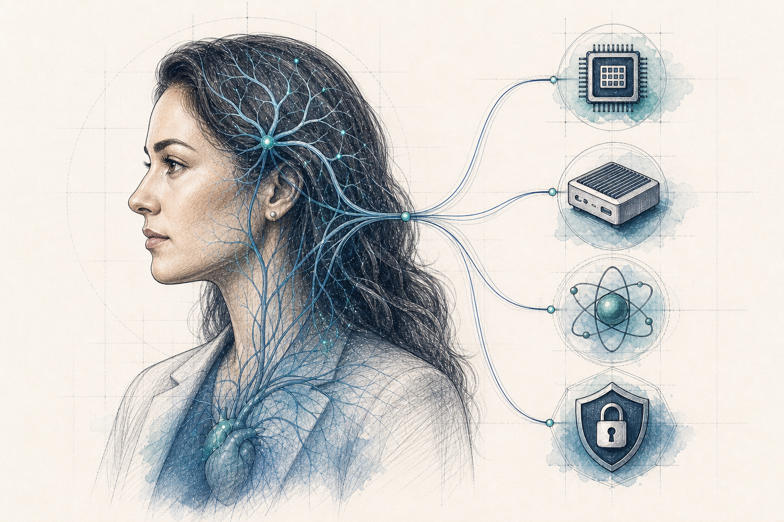 Sketch of the MLI Dynamics brunette digital-twin profile connected to CPU, edge, quantum, and governed security compute modules