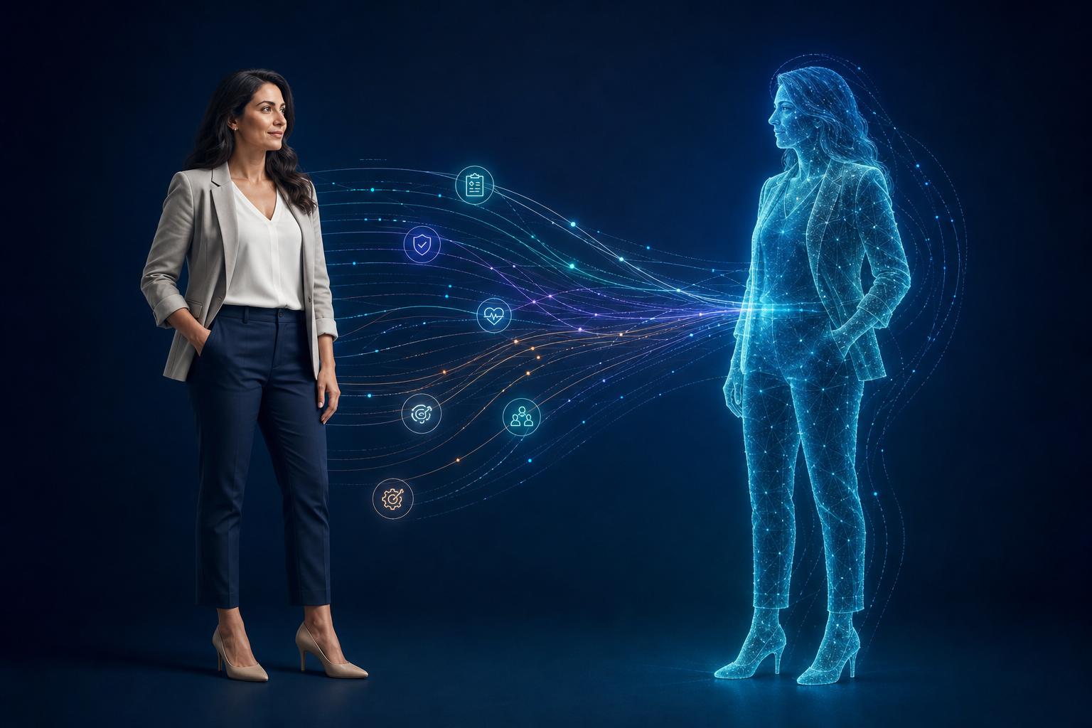 The same dark-haired healthcare technology professional shown as a real person and her digital twin